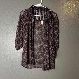 No Boundaries Women’s Size Large Sheer Button Down Blouse – Black Pink Floral –